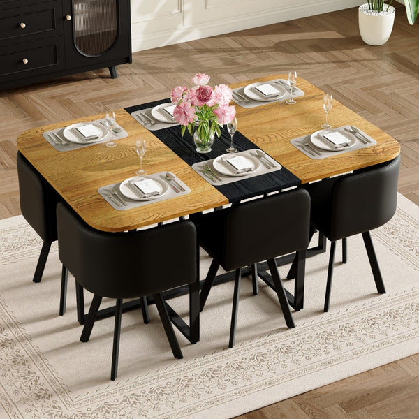 English Elm 7-piece Modern Dining Set with Two-tone Wood Table and Six Black Pu Leather Chairs W3875S00123