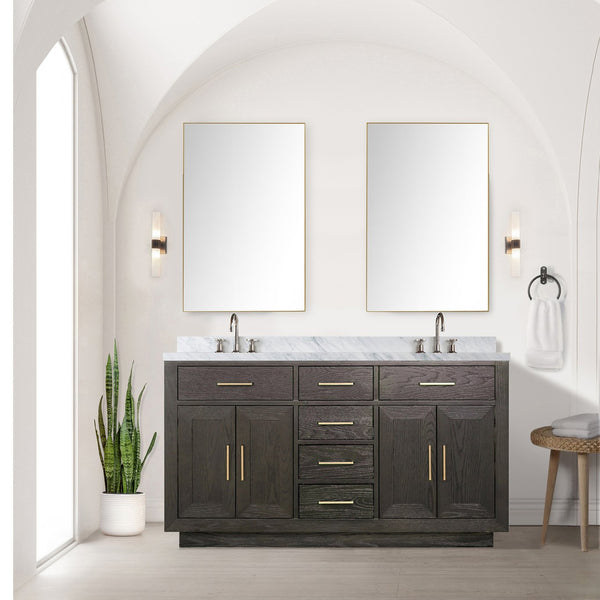 English Elm Brown Oak Double Bath Vanity With Carrara Marble Top - 60" W X 22" D, Fully Assembled Elegance B2731P257730