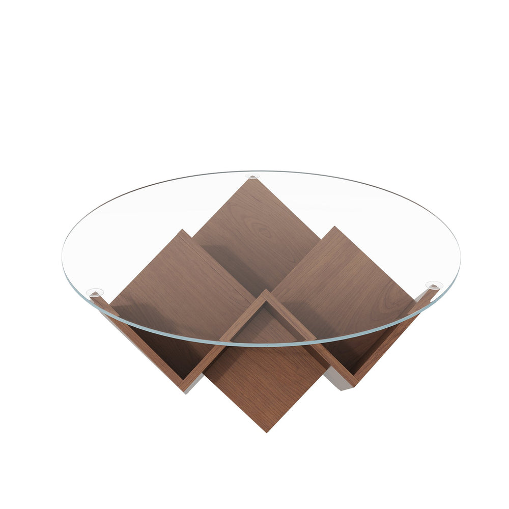 English Elm The Round Coffee Table 35.4" — Glass Top, Geometric Art Deco Walnut Base with Integrated Storage Shelves N735P350383D