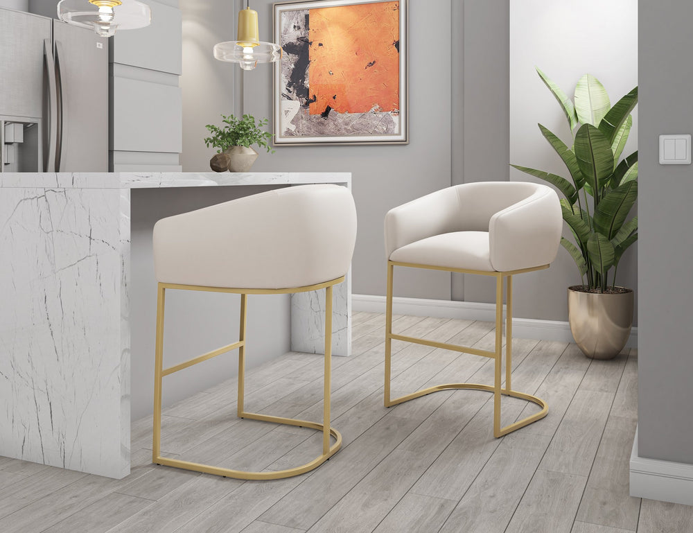 English Elm Louvre Metal Upholstered Barstool Cream — Gold Stainless Steel Cantilever Base, Swivel, Plush Seat B365P398453