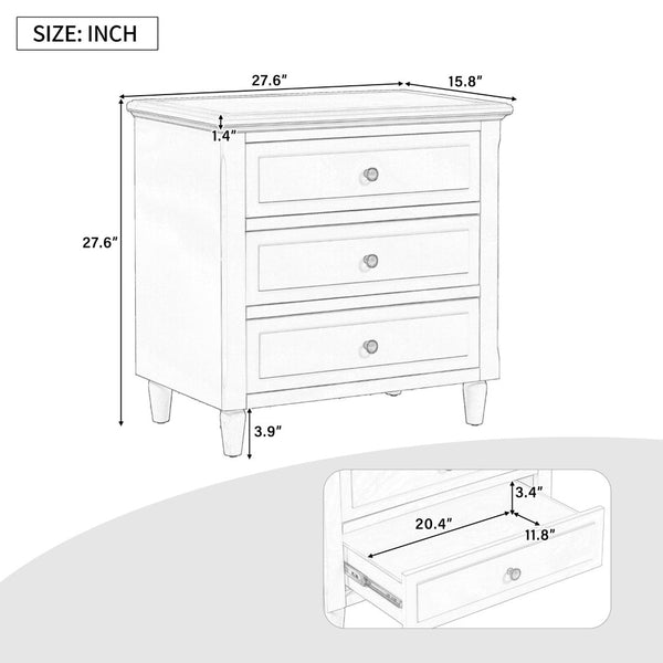 English Elm U_style Three Drawer Painted Nightstand Rubberwood Legs Minimalist Bedside Storage Cabinet Brown WF319366AAD