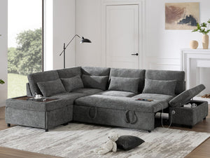 English Elm [video]107'' Chenille Sleeper Sectional with Usb Charging Storage Ottoman and Adjustable Armrest Gray N723S8782E