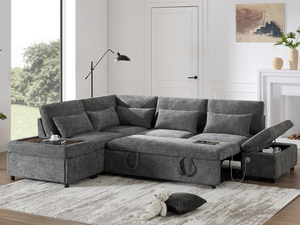 English Elm [video]107'' Chenille Sleeper Sectional with Usb Charging Storage Ottoman and Adjustable Armrest Gray N723S8782E