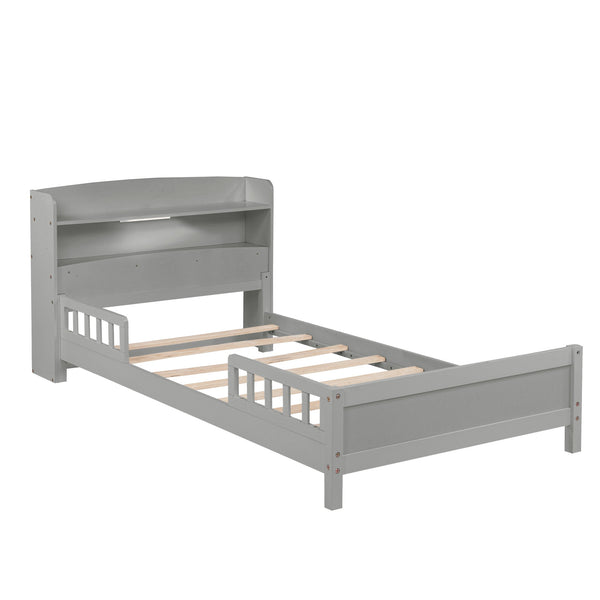 English Elm Twin Pine Wood Bed with Bookcase Headboard LED Motion Sensor Light Guardrails Ample Storage Space Grey W504P277595