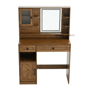 English Elm Farmhouse Makeup Vanity Desk with Lighted Mirror, Built-In Charging Station, Ample Storage and Stool Rustic Brown N844P291652W