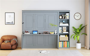 English Elm Queen Size Murphy Bed With Integrated Desk & Bookshelf – Stylish Gray Space-Saving Solution! N7090004016E-GIGA