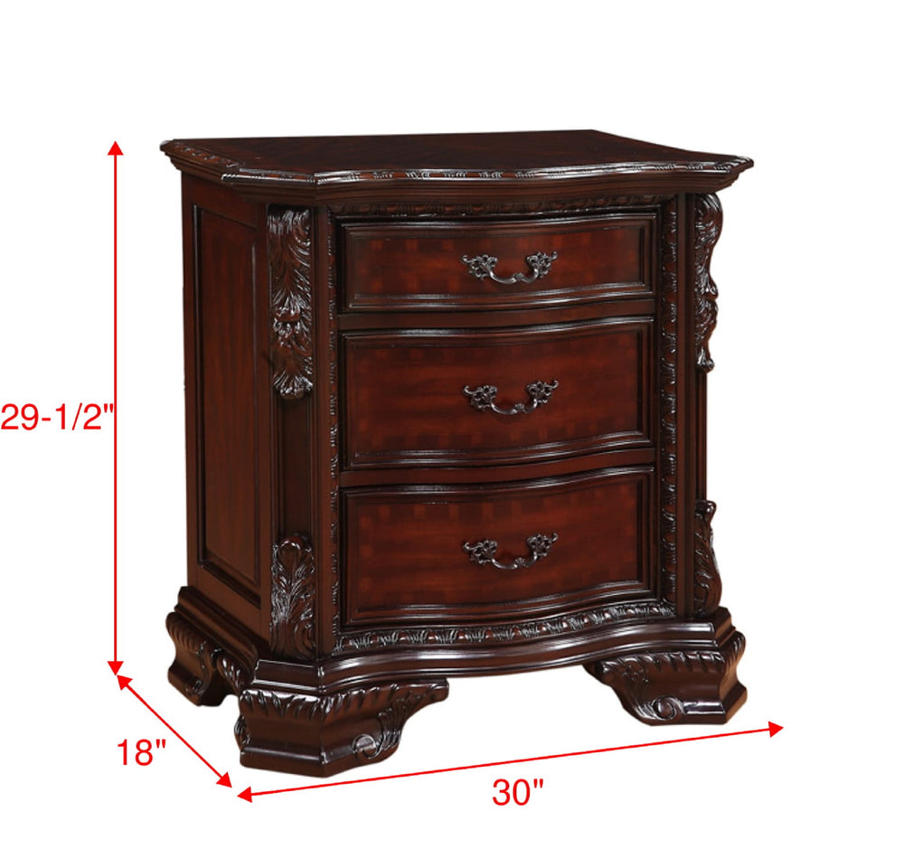 English Elm 1pc Three Drawers Nightstand Dark Cherry Finish Solid Wood Nightstand with Antique Brass Handles, Curved Silhouette, 30" x 18" x 29.5" B2741P366081