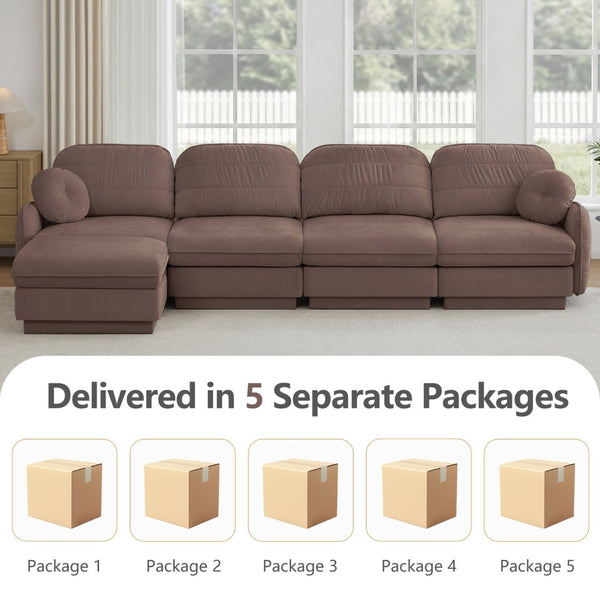 English Elm 137" Oversized Chenille Sectional Sofa with Movable Ottoman and Quilted Cushions Rose Dust W714S01781