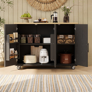 English Elm K&K Farmhouse Kitchen Island with Geometric Twill Doors, ASH Bark Top, Drop Leaf & Lockable Wheels Black N707P221444B