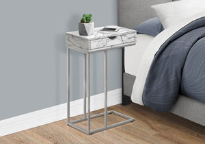 English Elm Accent Table - C-Shaped End Table With Storage Drawer, White Marble Look, Grey Metal Frame, Modern Design B2710P219421