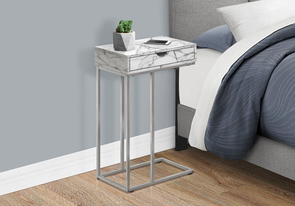 English Elm Accent Table - C-Shaped End Table With Storage Drawer, White Marble Look, Grey Metal Frame, Modern Design B2710P219421