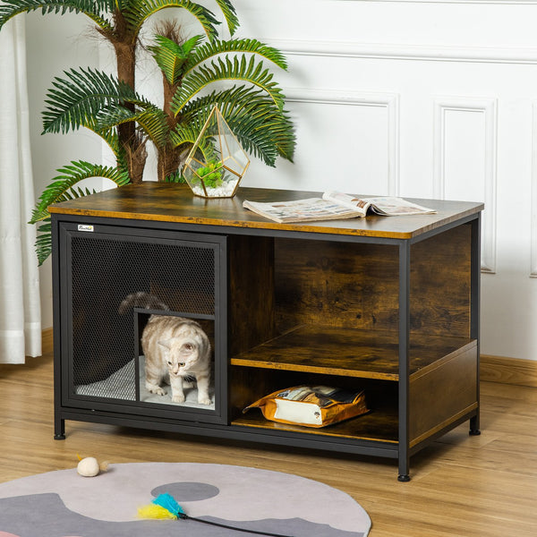 English Elm PawHut Stylish Cat Kennel End Table with Sliding Doors, Steel & Wood Look Pet House with Cushion Brown W2225P173765