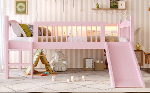 English Elm Twin Low Loft Bed Solid Pine Frame with Built-in Led Lighting and Storage Shelves Pink W1580P395929