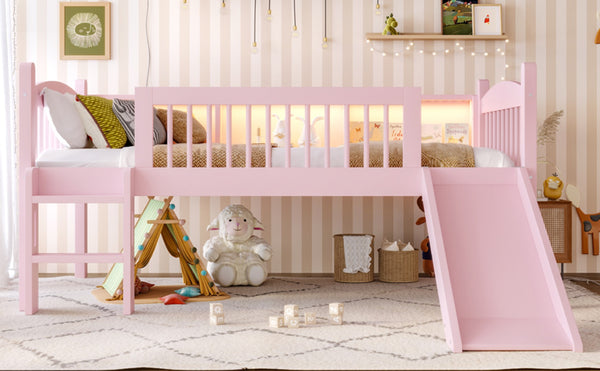 English Elm Twin Low Loft Bed Solid Pine Frame with Built-in Led Lighting and Storage Shelves Pink W1580P395929