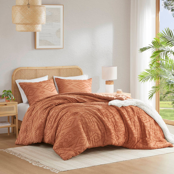 JLA Home 510 Design - Comforter tufted boho mini set with geometric stitch detail, breathable microfiber, OEKO‑TEX certified cozy layer Terracotta AM10-0552