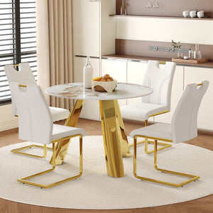 English Elm Table Set - 42-Inch Round White Imitation Marble Top With 4 Ergonomic Dining Chairs & Gold Legs W2920S00049-GIGA