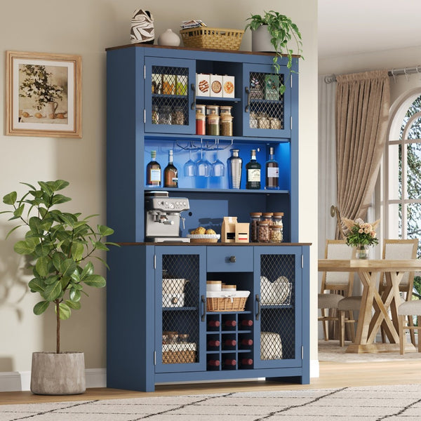 English Elm 70.9" Farmhouse Hutch Pantry with Led Lighting Wine Rack Mesh Doors and Built-in Power Navy Blue CH361426AAL