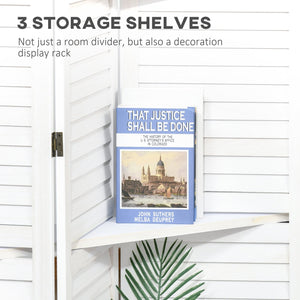 English Elm HOMCOM 4-Panel 67" Wood Privacy Screen Room Divider with 3 Removable Shelves, Folding White Decor W2225P200779