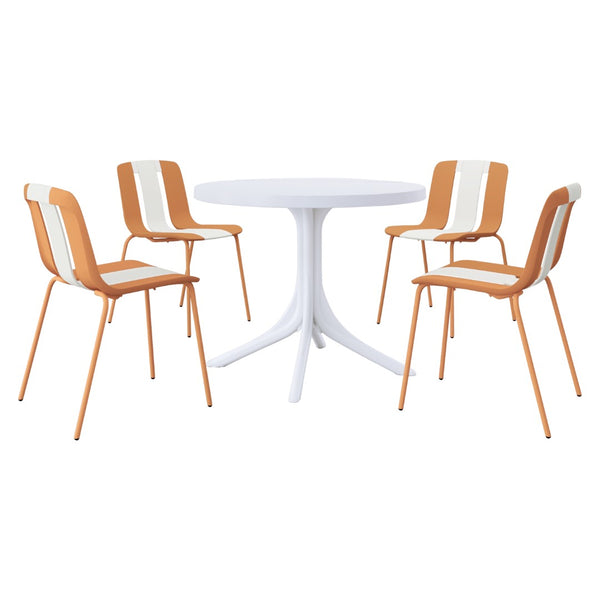 English Elm Summer 5 Piece Round Polypropylene Dining Set Uv Resistant Striped Indoor Outdoor Patio Beige,Tropical Orange,White W3450S00040