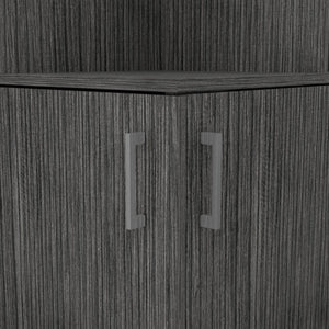 English Elm Seattle Smokey Oak Bar Cabinet with Corner Design, 8 Bottle Cubbies, Glass Racks & Open Shelves B128P176127