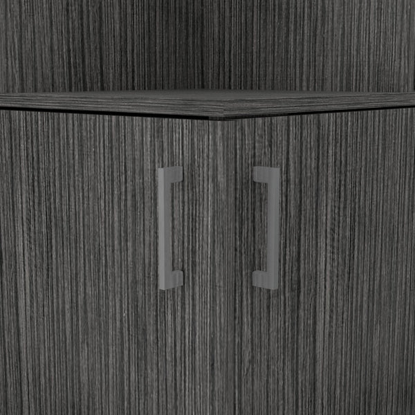 English Elm Seattle Smokey Oak Bar Cabinet with Corner Design, 8 Bottle Cubbies, Glass Racks & Open Shelves B128P176127