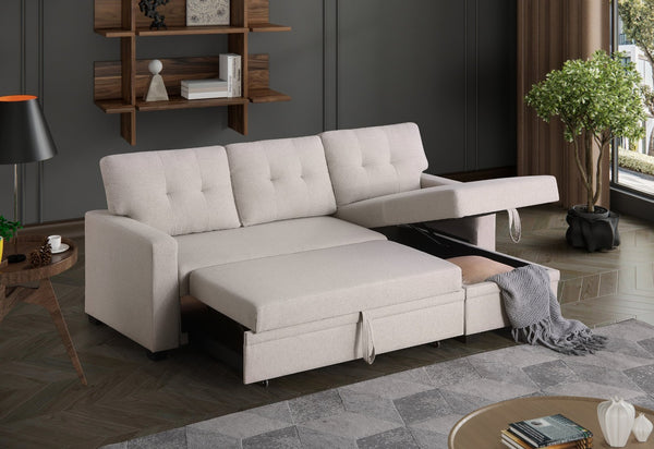 English Elm Convertible Upholstered Sectional Sofa with Pull-out Chaise Sleeper and Storage Beige B2730S00005
