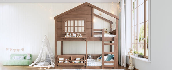 English Elm Full Bunk Bed with Trundle Bookshelf Storage Pine Frame Car Design for Kids W1580S00521