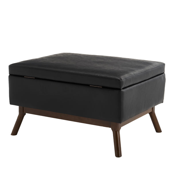 English Elm Mid-century square storage bench with solid wood frame, microfiber upholstery, versatile ottoman seat and tabletop functionality for living room and entryway appeal Black PU W1539P269659