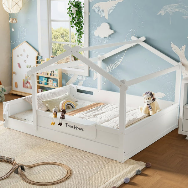 English Elm Queen House Shaped Kids Floor Bed Pine Wood Frame with Guardrails and Personalized Headboard Light White W1580P396334