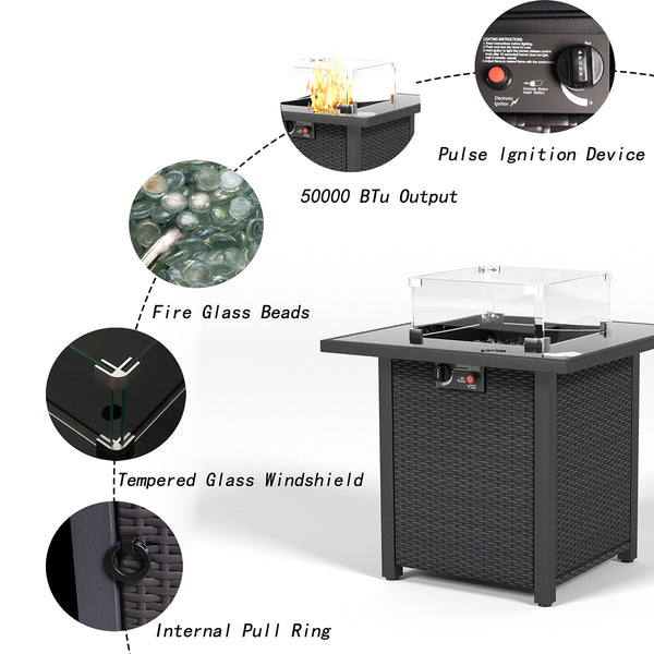 English Elm 28 28 Inch Propane Fire Pit Table with 50,000 BTU Stainless Burner, Rattan Look, Tempered Glass Top & Windscreen Coffee W861P211850