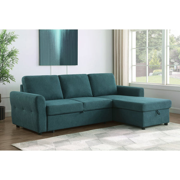 English Elm Kenna Teal Blue Sleeper Sectional with Storage Ottoman, Tufted Upholstery, Rounded Arms, Modern Comfort B062S01105