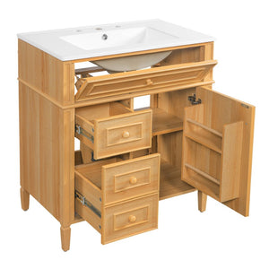 English Elm 30" Pine Wood Bathroom Vanity with Ceramic Sink Soft Close Drawers and Vintage Knobs N725P375498N