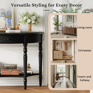 English Elm Trexm Farmhouse Half Moon Entryway Console with Drawer Open Shelf Pine Legs Black N715P383795B