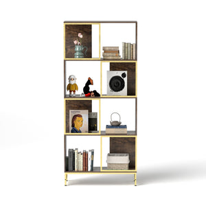 English Elm 4-Tier Industrial Bookcase with Rustic Wood & Gold Metal Frame, Asymmetrical Shelves for Small Spaces W2167P192763