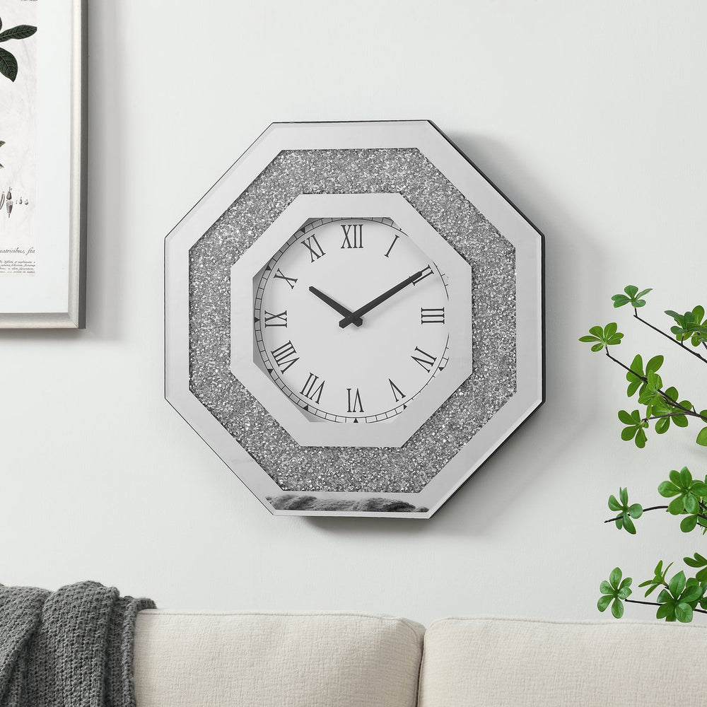 English Elm Octagonal Sparkling Crystal Diamond Wall Clock with Roman Numerals, Beveled Mirror Trim & Faux Gems W1005P190043