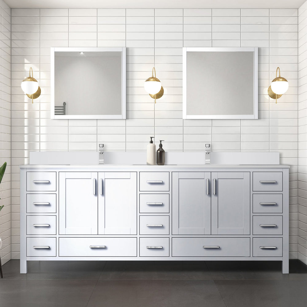 English Elm White Double Bath Vanity 84-inch W x 22-inch D with White Quartz Top, Soft-Close Drawers & Mirrors B2731S00847