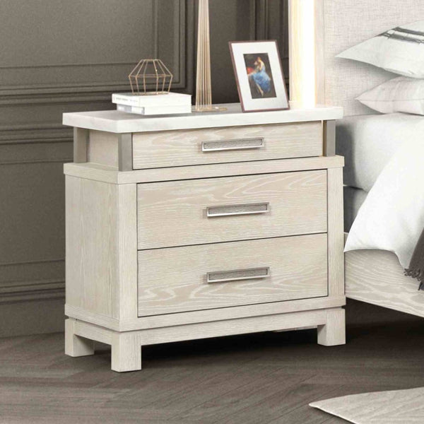 English Elm Transitional Marble Top Nightstand Weathered Gray Finish with Three Felt Lined Drawers B2741P431081