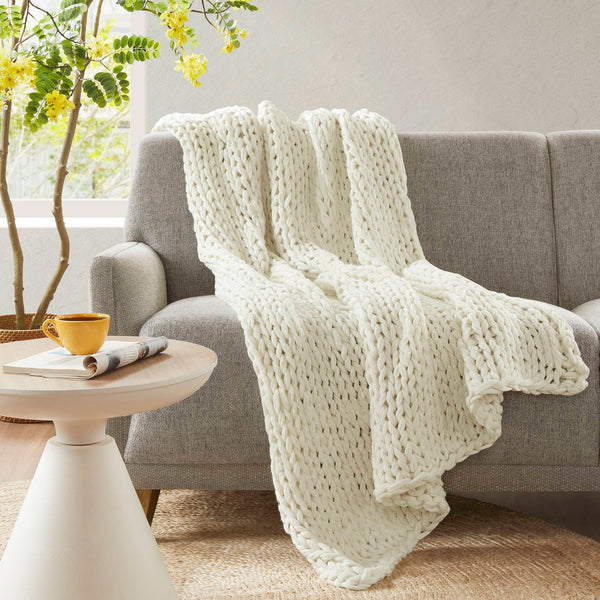 JLA Home Madison Park - Hand Made Throw Blanket — Double-Knit 100% Acrylic, OEKO-TEX, Ultra-Soft Modern Boho Accent for Home Comfort MP50-6135