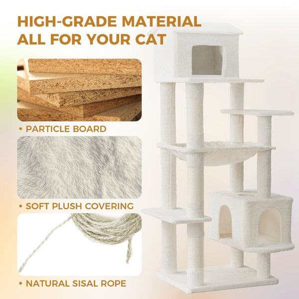 English Elm Beige Plush Multi-cat Tower with Sisal Posts Hammock and Enclosed Hideaway 64in Beige W243P326764
