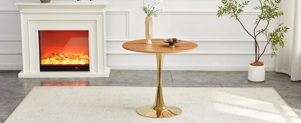 English Elm Round Faux Marble Tulip Pedestal Dining Table Mid Century Modern for Small Bistro Spaces Gold,Wood W2920P401552