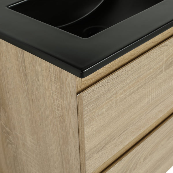 English Elm 24" Wall-Mounted Bathroom Vanity With Black Sink, 2 Soft-Close Drawers - Ideal For Compact Spaces! W999S00192