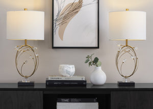 English Elm Table Lamp Set of 2 Black Metal Crystal Accents Gold Finish Linen Shade Bedroom B202P471578