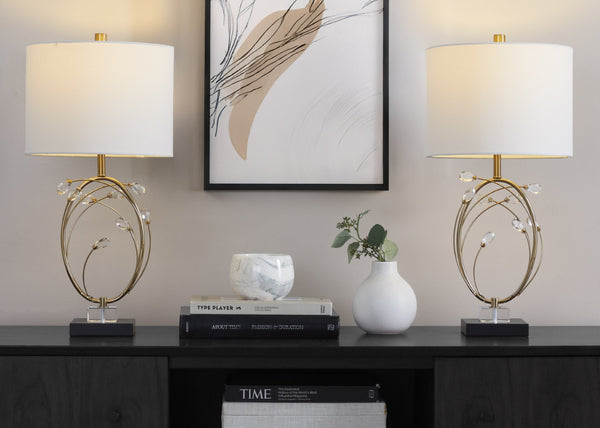 English Elm Table Lamp Set of 2 Black Metal Crystal Accents Gold Finish Linen Shade Bedroom B202P471578