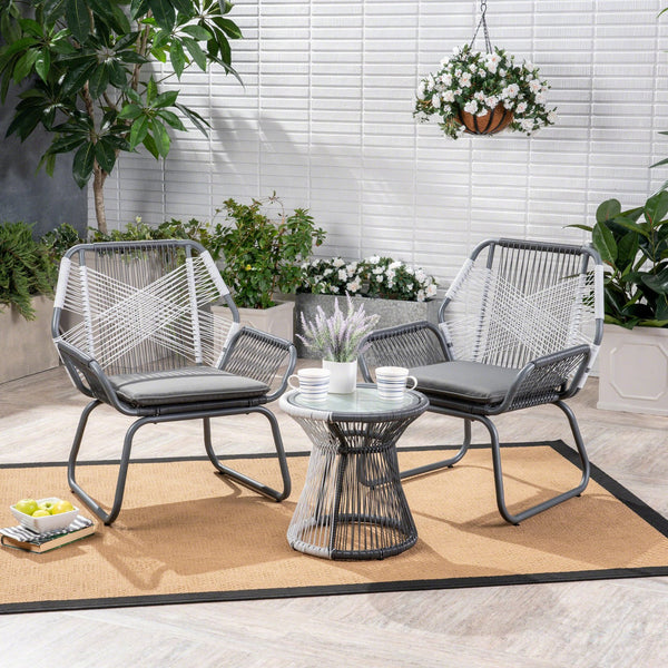 English Elm Christopher Knight Home® - MILAN 3PC Chat Set Outdoor Patio Grey PE Rattan Bistro with Cushions, Compact 28.5x26.5x21.5 Inches 62331.00GRY