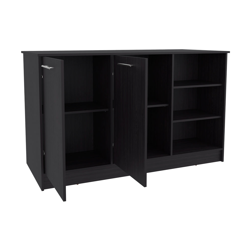 English Elm Kitchen Island Leoti Black Engineered Wood with European Ash Countertop, 2 Cabinets for Storage B092S00286