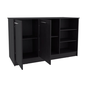 English Elm Kitchen Island Leoti Black with European Ash Top, Engineered Wood, Dual Cabinets & Sleek Metal Handles B092S00286