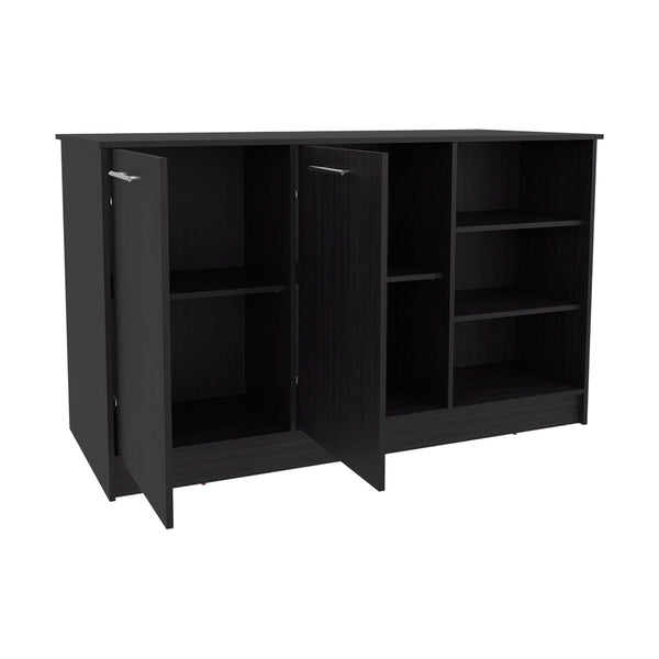 English Elm Kitchen Island Leoti Black with European Ash Top, Engineered Wood, Dual Cabinets & Sleek Metal Handles B092S00286