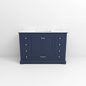English Elm Navy Blue Single-Sink Vanity 48" W With Carrara Marble Top & Soft-Close Drawers For Stylish Storage B2731P258220