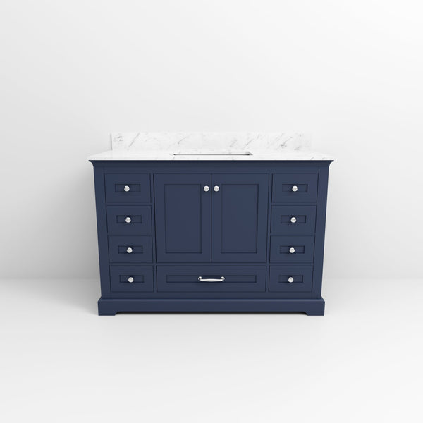 English Elm Navy Blue Single-Sink Vanity 48" W With Carrara Marble Top & Soft-Close Drawers For Stylish Storage B2731P258220