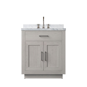English Elm White Oak Single Bath Vanity With Carrara Marble Top, Chrome Gooseneck Faucet, And Soft-Close Drawers B2731P257663-GIGA